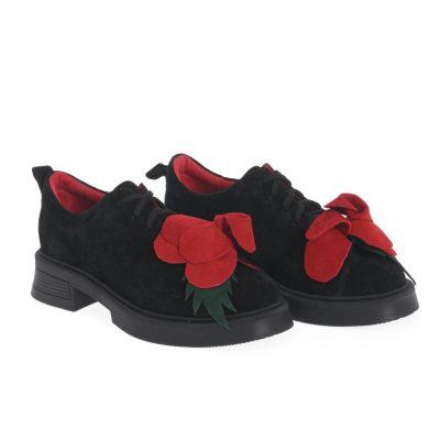 Pantofi Oxford Adriana negru cu florale roșii