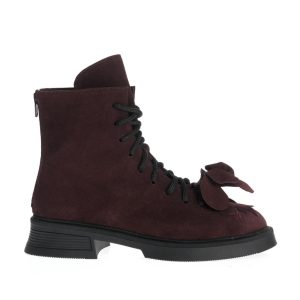 Botine Maria din piele întoarsă burgundy cu aplicație florală
