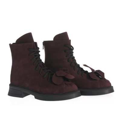 Botine Maria din piele întoarsă burgundy cu aplicație florală