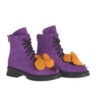 Botine Cristina mov cu decor portocaliu