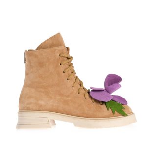 Botine Stefania crem cu flori mov și verzi