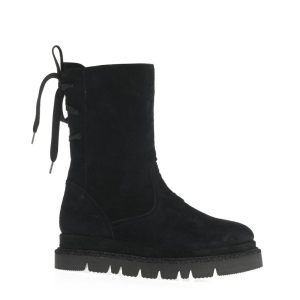 Botine Laura negre din suede cu șiret și fermoar